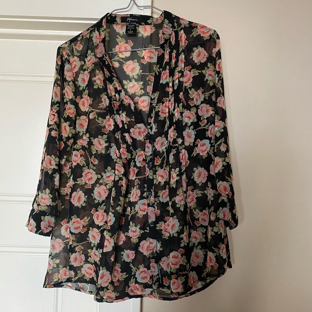 Elegant Black and Pink Sheer Blouse with Notched Collar